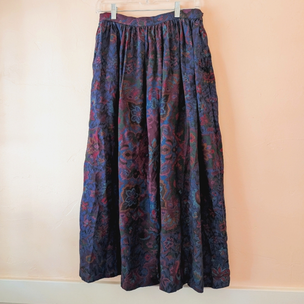 Vintage Navy And Maroon Ellen Tracy Wool/Silk Pleated Floral Midi Skirt - Sz 12